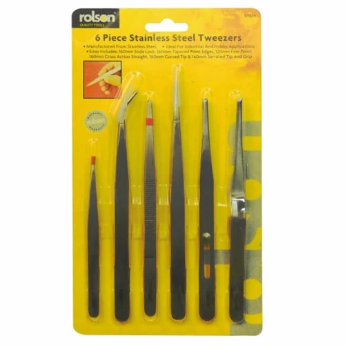 6 Piece Stainless Steel Tweezer Set Metal Tweezers Diy Arts Crafts Rolson 59104