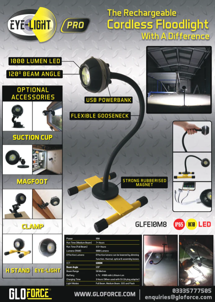 EYE-LIGHT PRO 10w Rechargeable Floodlight With 500mm Magnetic Gooseneck Stand From GLOFORCE GLFE10M8