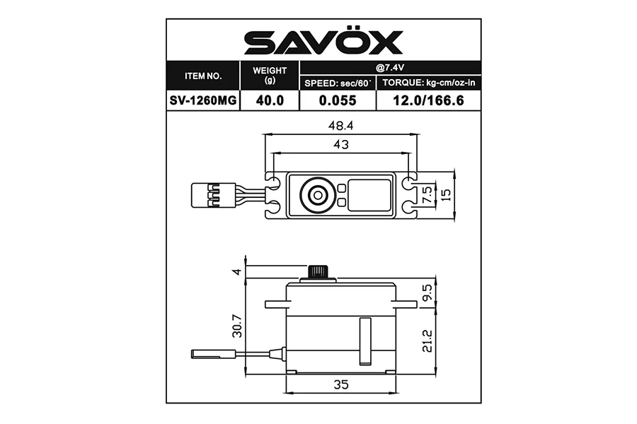 Savox SV-1260MG HV Digital Mini Size Servo 12kg/0.055s@7.4v SV1260MG - Image 6