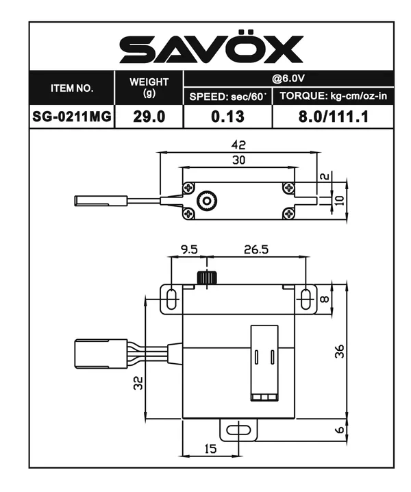 Savox SG-0211MG Low Profile Glider Digital Servo 8kg/0.13s 4.8V - 6V SG0211MG - Image 3