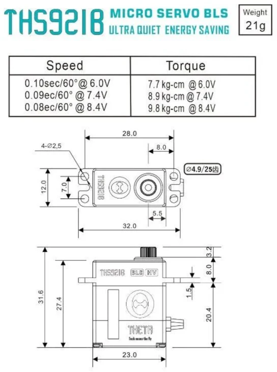Theta THS921B HV Micro Brushless Servo 9.8kg/0.08@8.4V TS-THS921B - Image 4