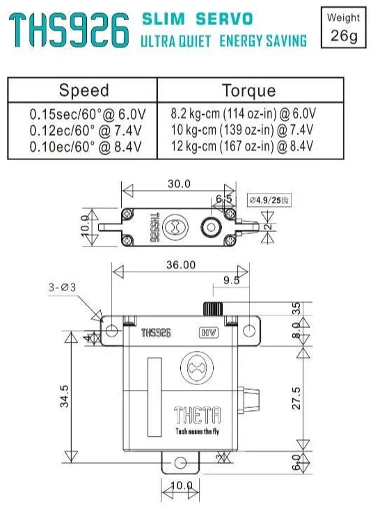 Theta THS926 Slim HV Glider Wing Servo 12kg/0.10@8.4V TS-THS926 - Image 4